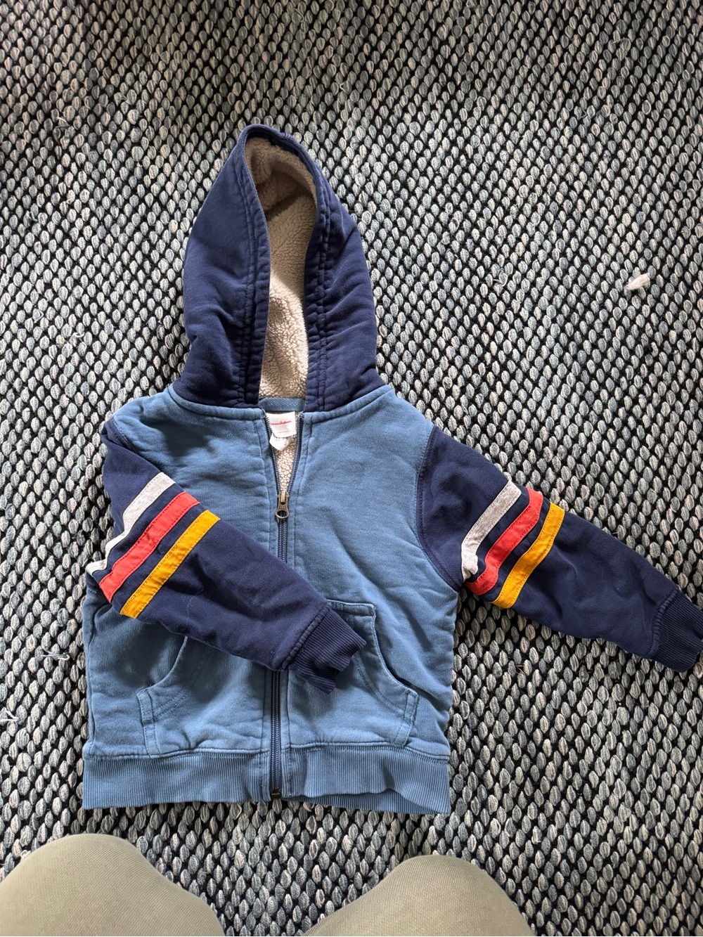Hanna Andersson Blue Hooded Zip Sweatshirt with Retro Stripe Sleeves